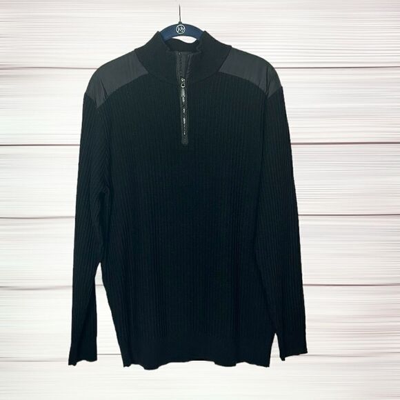 Bugatchi Uomo Black Rib Knit Quarter Zip Sweater Wool Blend Mock Neck L - Picture 2 of 13